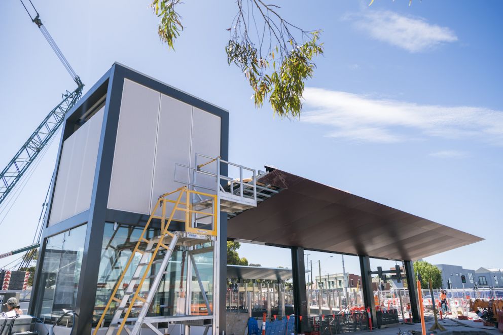 The lift shaft and station canopy at the new North Williamstown Station.