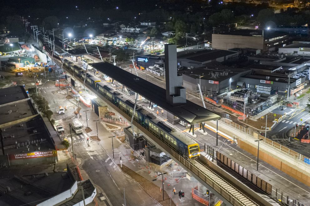 Aerial view of the new Lilydale Station construction at night
