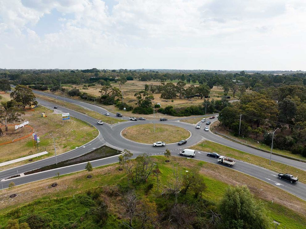 Aerial view of the Ballarto Road and Western Port Highway intersection 