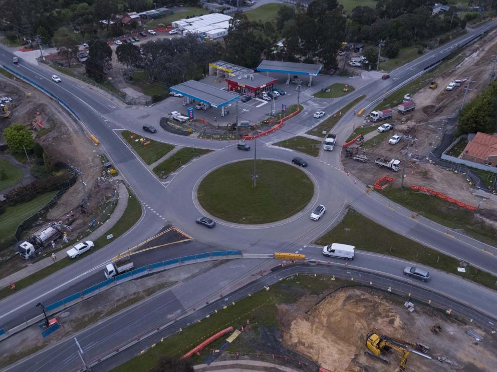 Aerial view of the roundabout intersection