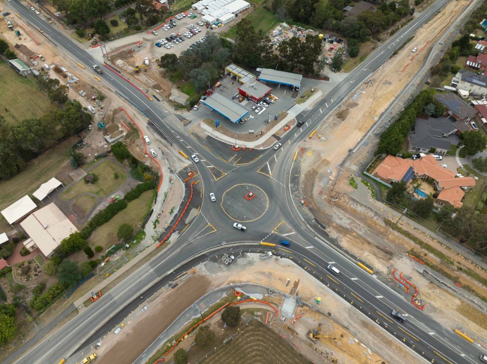 Aerial shot of roundabout on Hallam North and Heatherton Road Upgrade