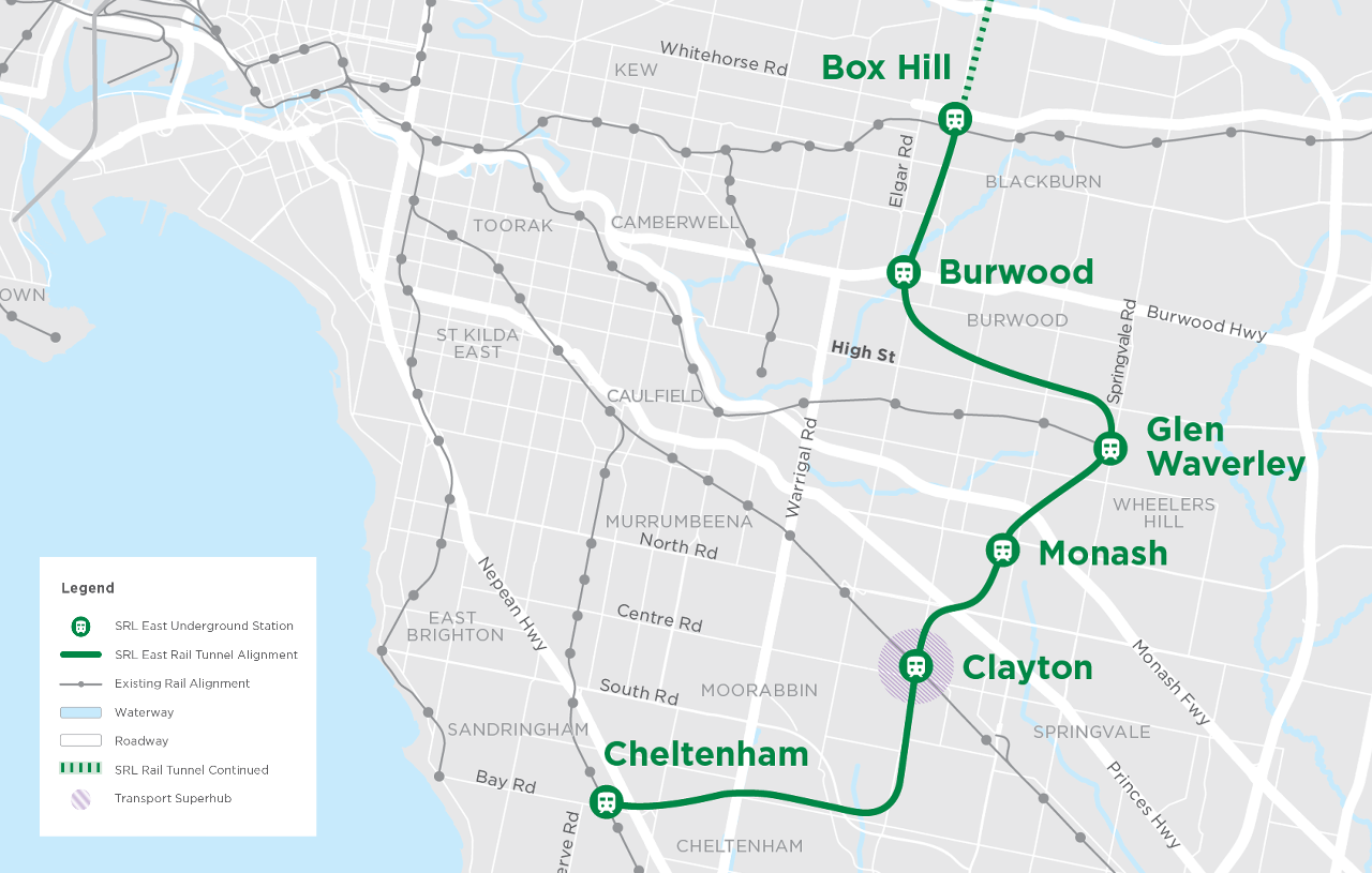 Map: All SRL East Underground Station locations highlighted.