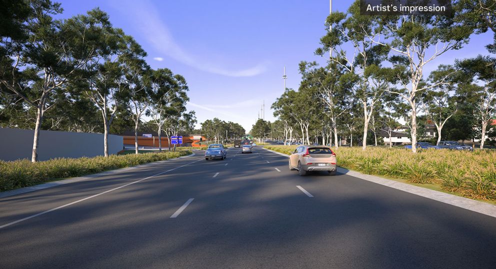 Artist’s impression view facing south along new Greensborough Road boulevard with the Lower Plenty interchange on the left, Yallambie. 