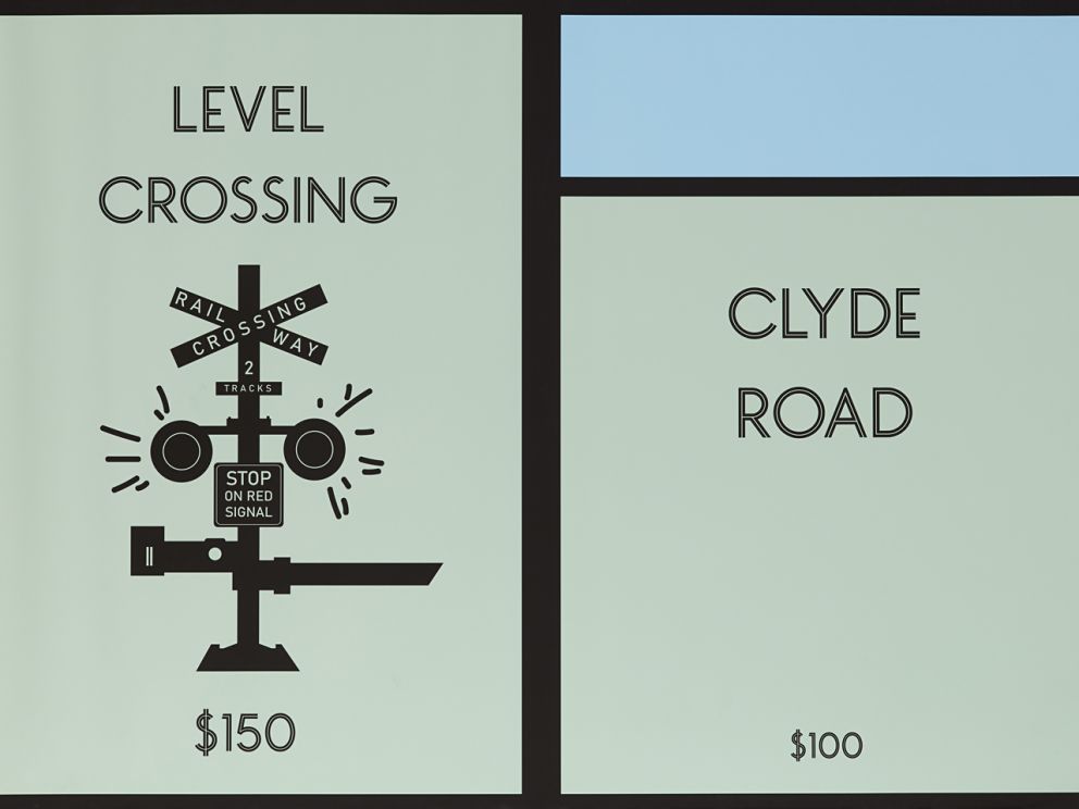 Artwork showing a boom gate and Clyde Road in a monopoly board style