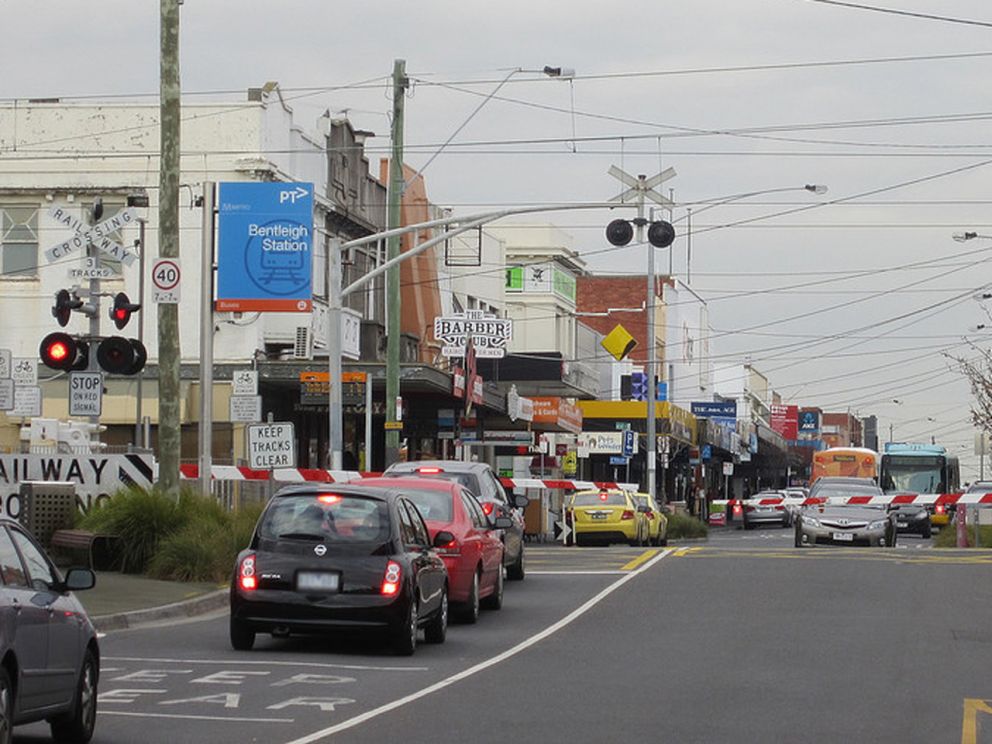 Traffic waiting at the Centre Road, Bentleigh level crossing.