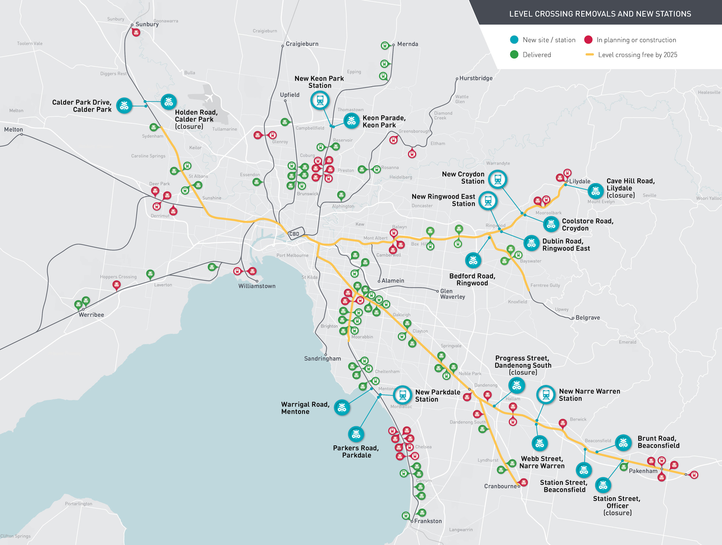 Map locations of all level crossing removals