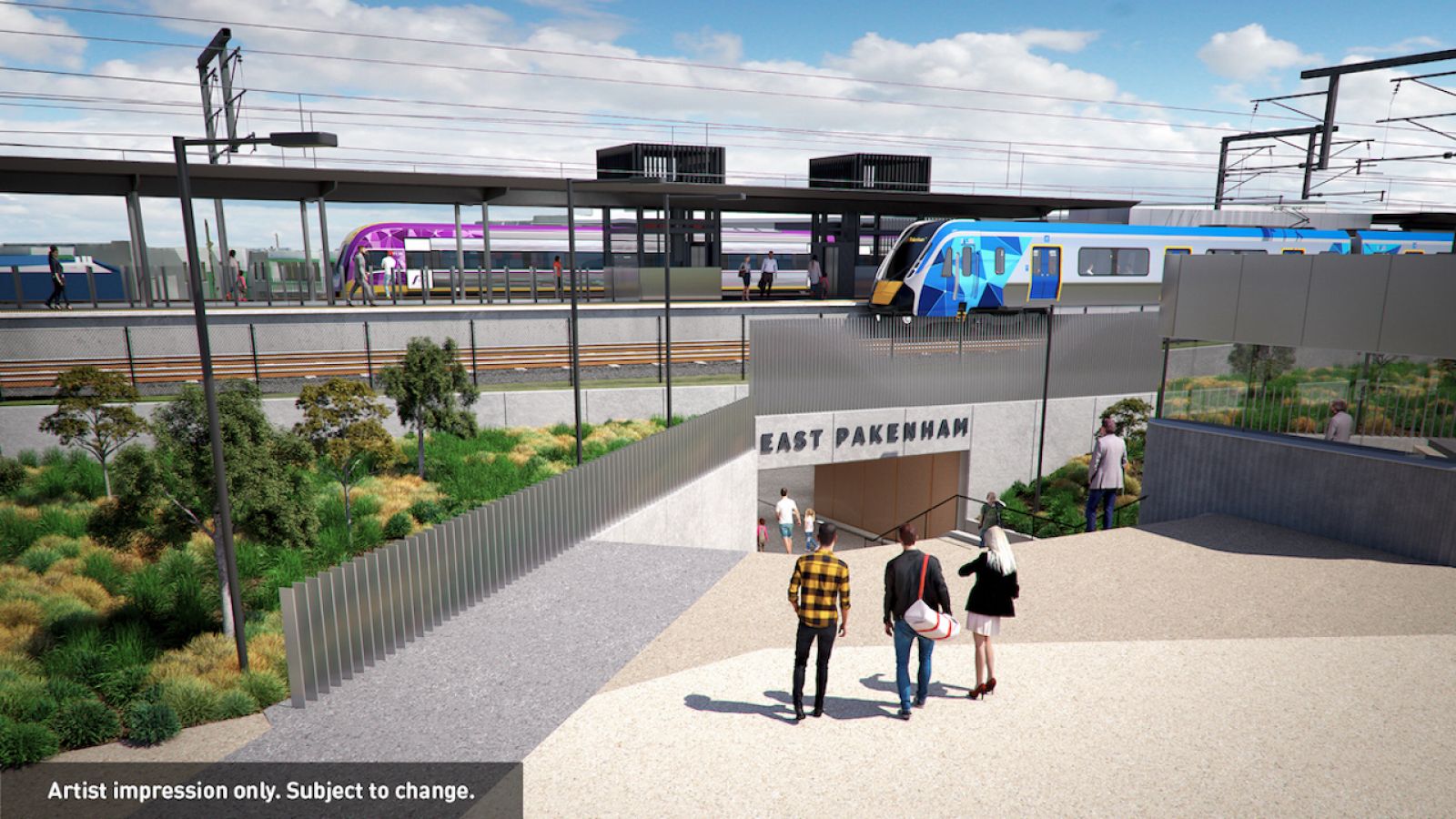 Artist rendering looking towards a station underpass for East Pakenham Station, with trains at ground level.