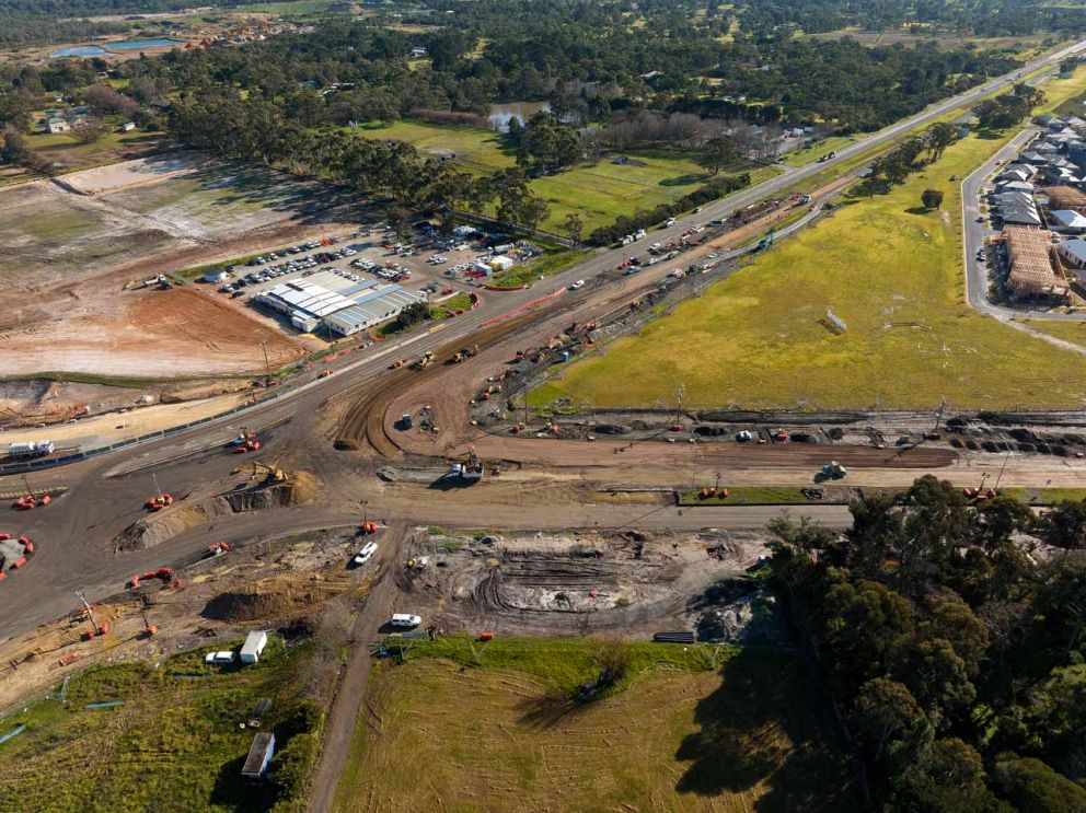 Aerial view of the Cranbourne-Frankston Road intersection during a closure