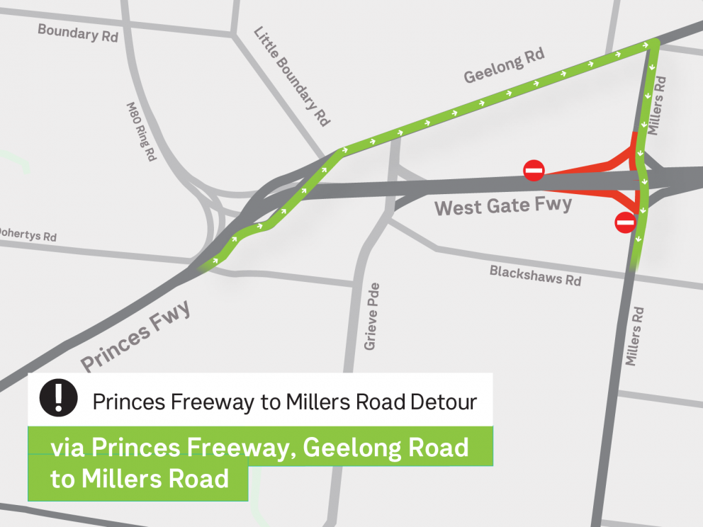 A map showing the Princes Freeway to Millers Rd detour