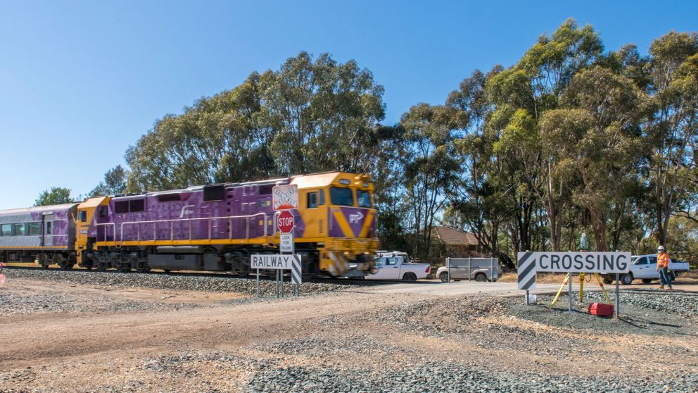 Image of train on Shepparton Line going through level crossing