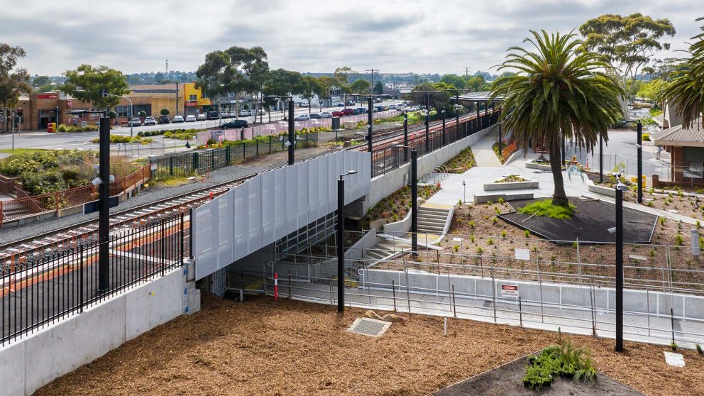 Drone image of Morwell Station pedestrian underpass at surrounding landscaping in January