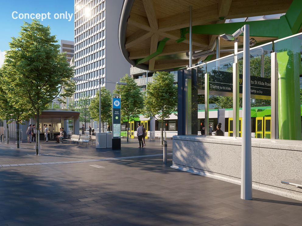 Render of Anzac Station exterior entrance in reverse, also showing tram stop and tram in background