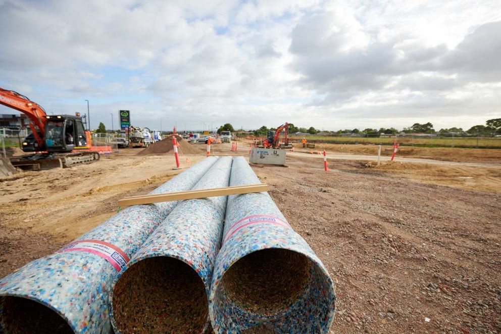 We’re using 100% Recycled stormwater pipes for stormwater drainage, behind the kerbs