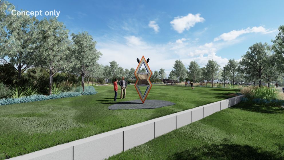 A render of people staring at a geometric sculpture with 2 birds perched on top, at a park.