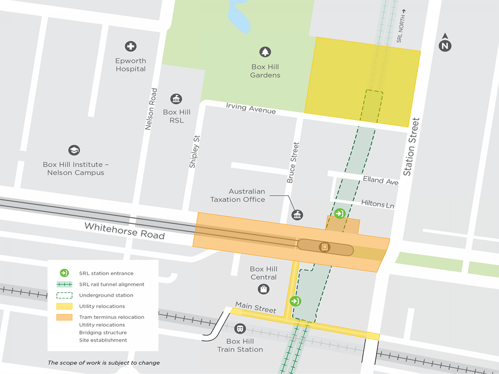 Map highlighting the initial works that will be occurring around Whitehorse Road