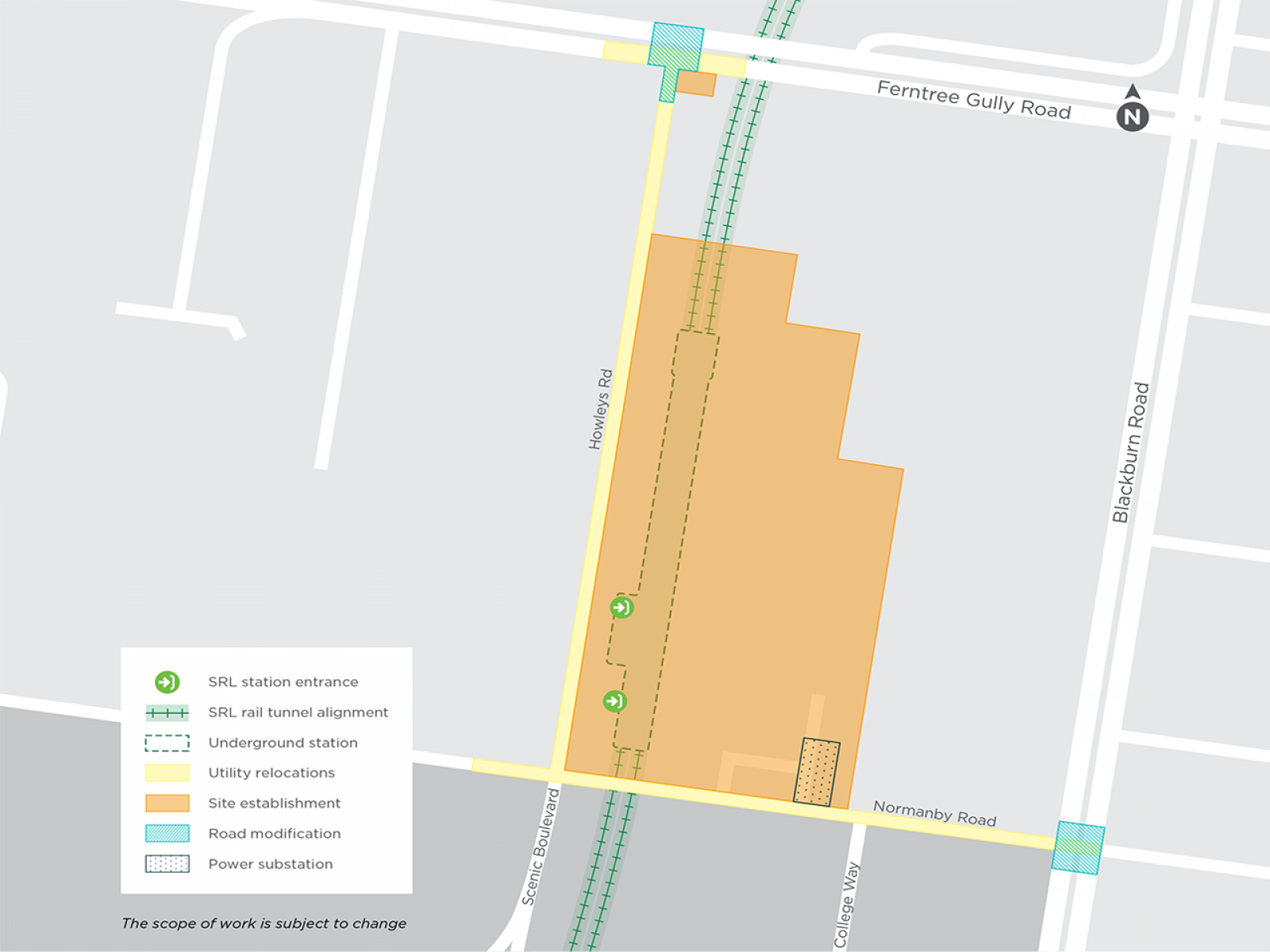 A map outlining the location of the Monash site establishment along Howleys Road and Normanby Road