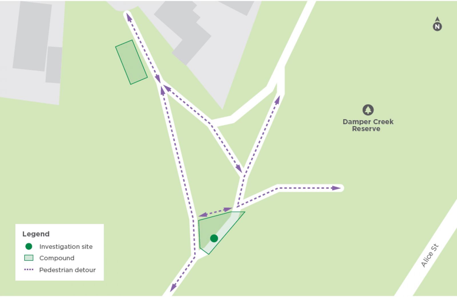 Map shows pedestrian detour around the Damper Creek Reserve