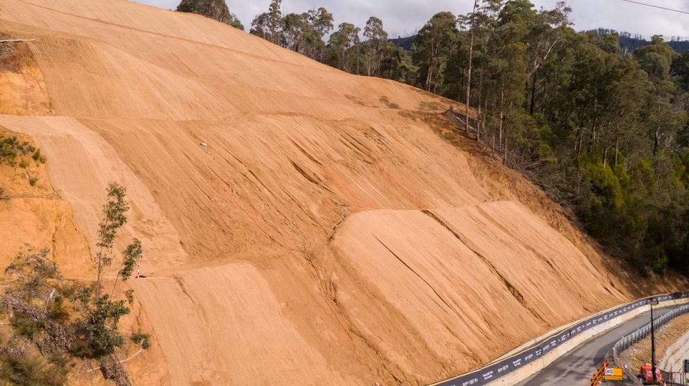 Coir mesh protecting the Bogong High Plains Rd landslip from severe rain events