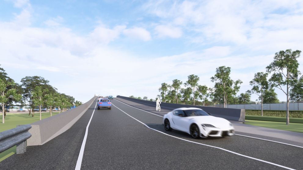 View when travelling west over the new road bridge at Old Calder Highway, Diggers Rest. Artist impression only, subject to change.