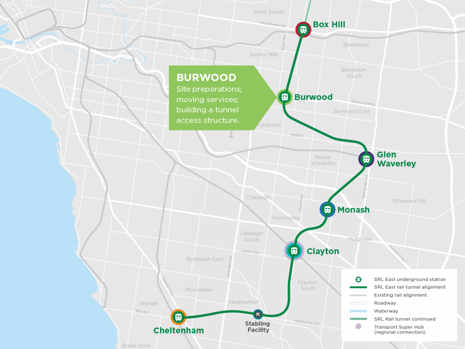 Image shows map outlining the eastern suburban rail loop highlighting Burwood.