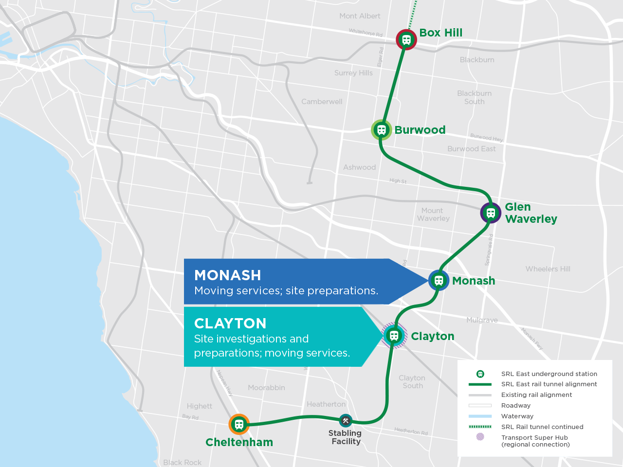 Image shows map outlining the eastern suburban rail loop highlighting noth Monash and Clayton.