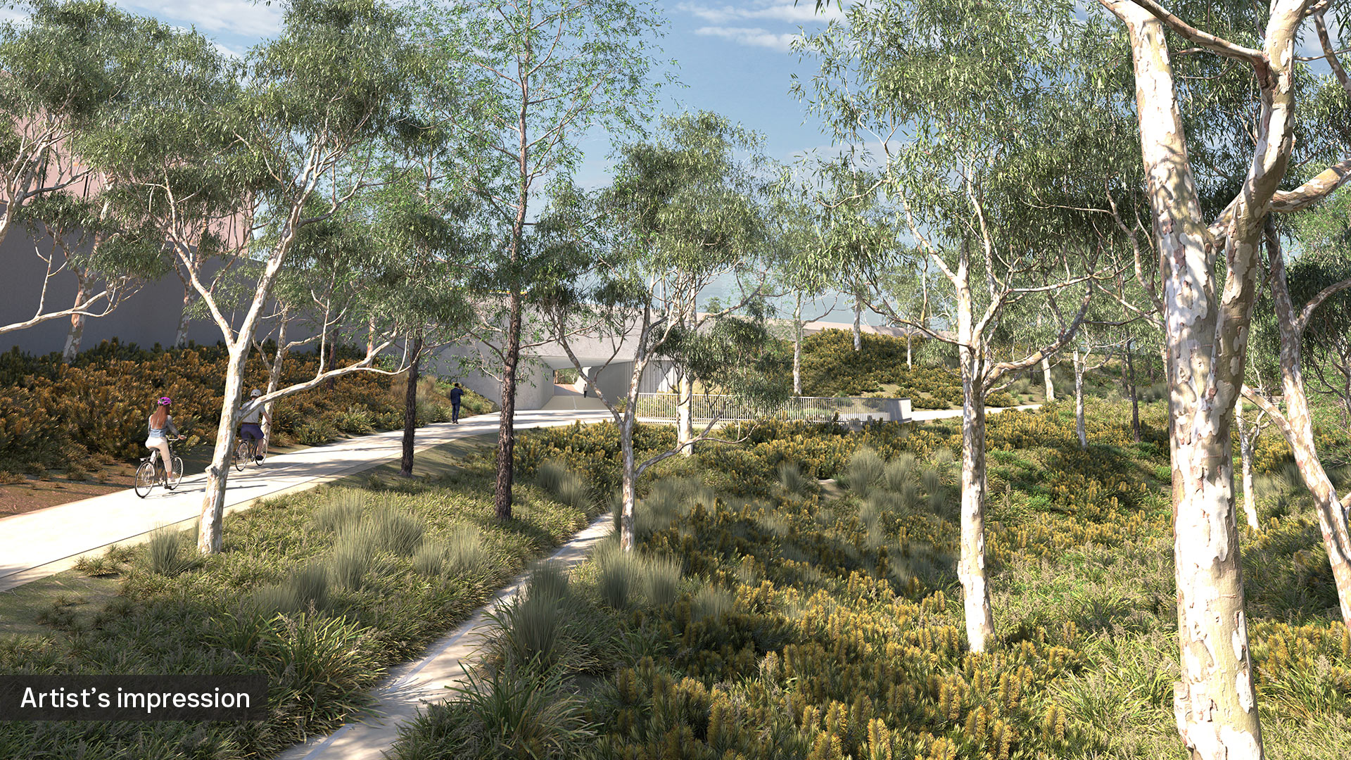 Artist impression of Trist Street Reserve in Watsonia North. A shared path is used by pedestrians and cyclists and surrounded by trees and plants.