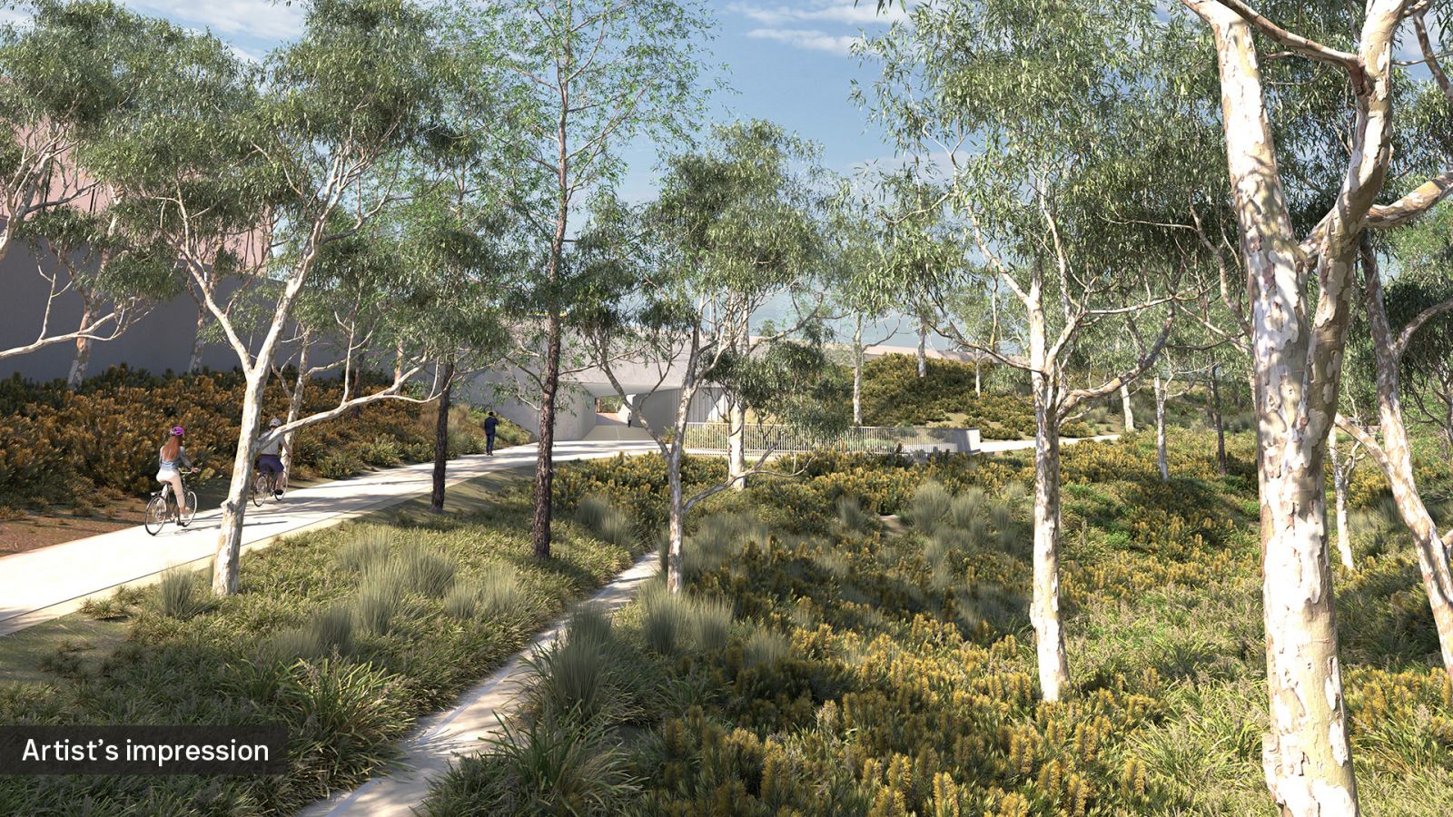 Artist impression of Trist Street Reserve in Watsonia North. A shared path is used by pedestrians and cyclists and surrounded by trees and plants.