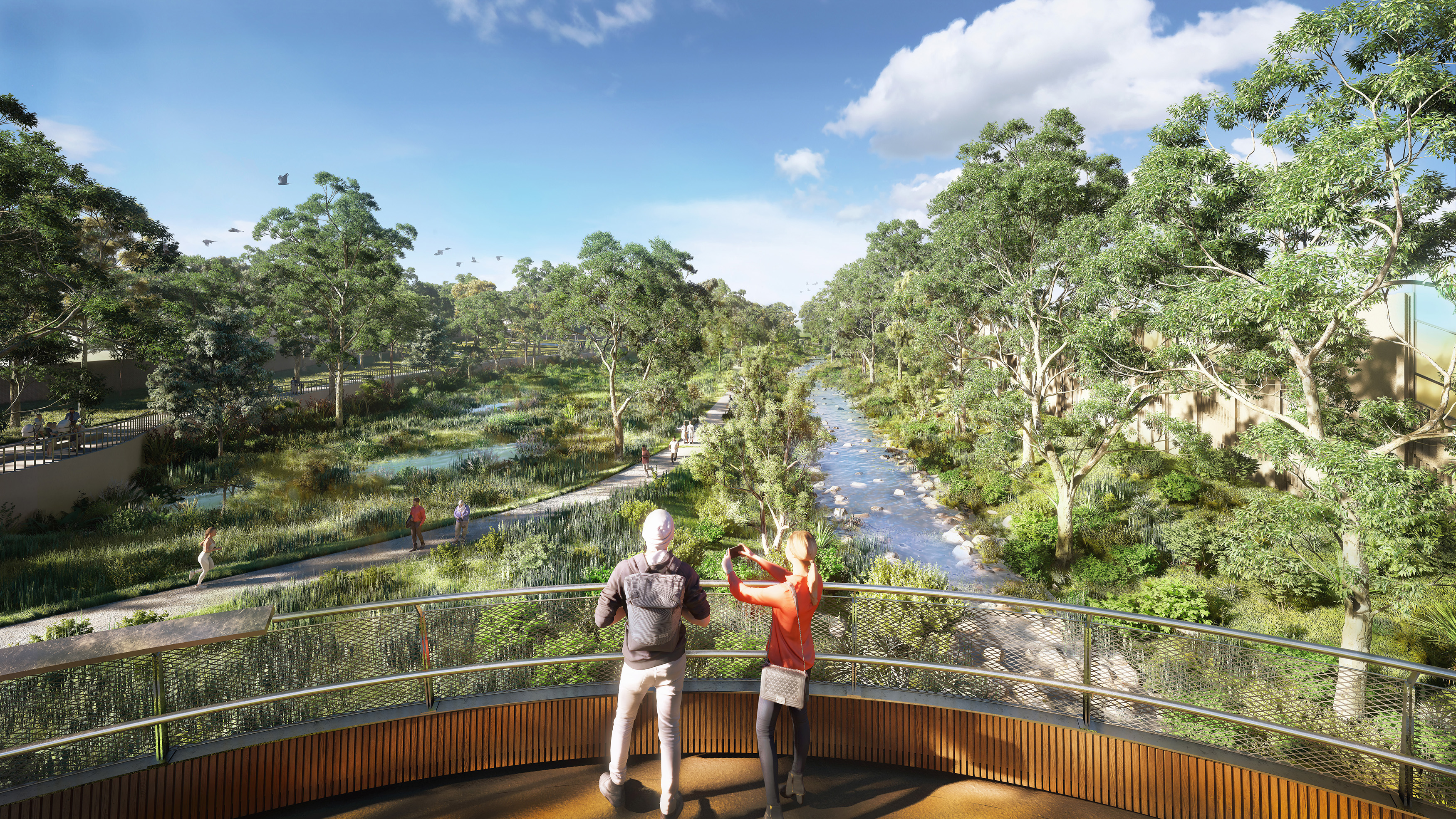 Artist impression of Valda Wetlands and Koonung Creek in Mont Albert North. Two people are standing at a lookout and taking a photo of the wetlands.