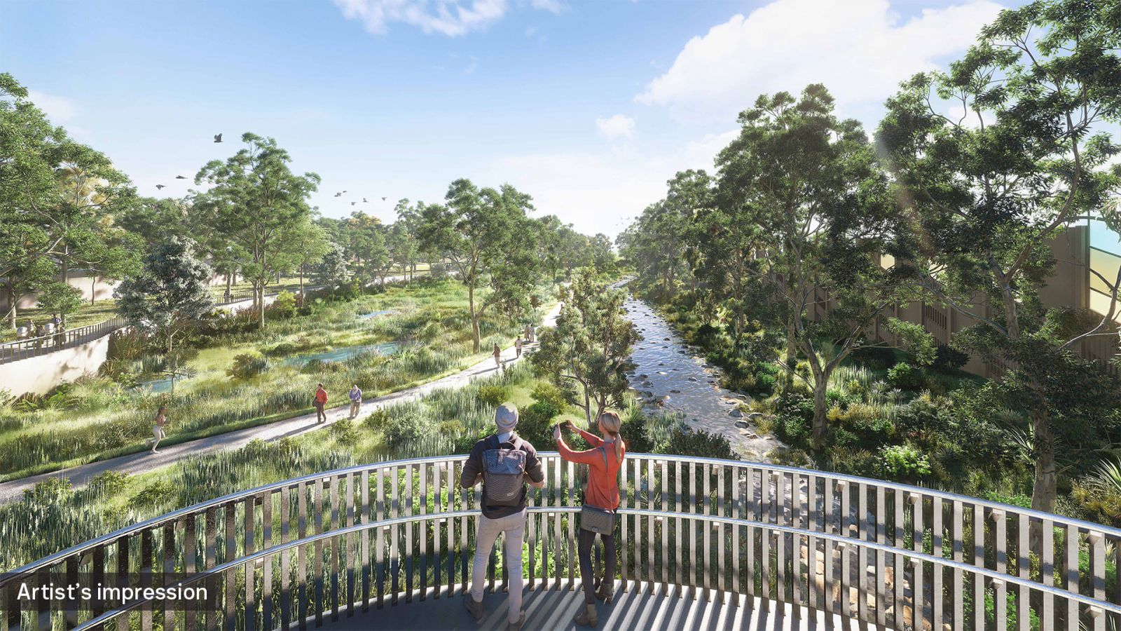 Artist impression of Valda Wetlands and Koonung Creek in Mont Albert North. Two people are standing at a lookout and taking a photo of the wetlands.