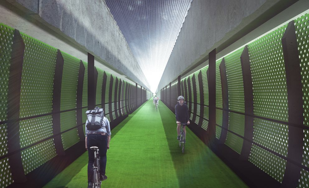 Artist impression – cyclists using the veloway suspended under the new elevated road over Footscray Road. 