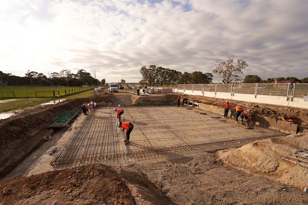 Our trusty team tying in steel reinforcements ahead of the base slab pour for the project’s biggest culvert