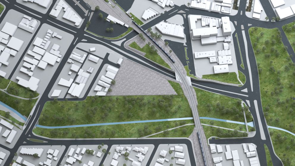 Aerial of the new road underpass that will connect Hammond and Cheltenham roads to Princes Highway-Lonsdale Street. Artist impression subject to change