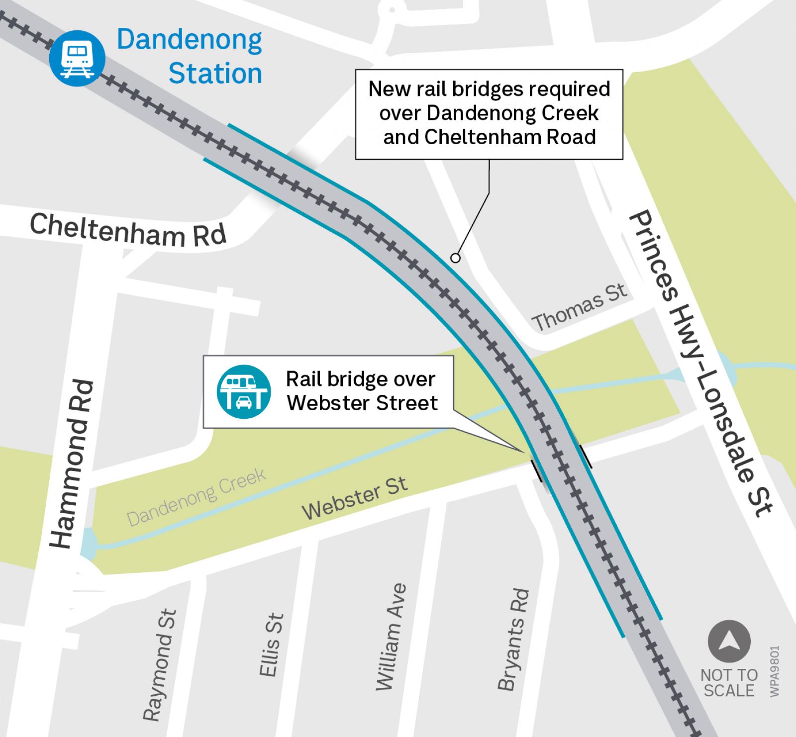 Map showing why a rail bridge solution is not feasible.