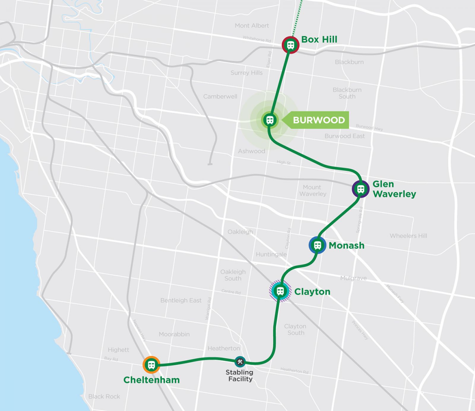 Map showcasing SRL East rail alignment highlighting the Burwood precinct.