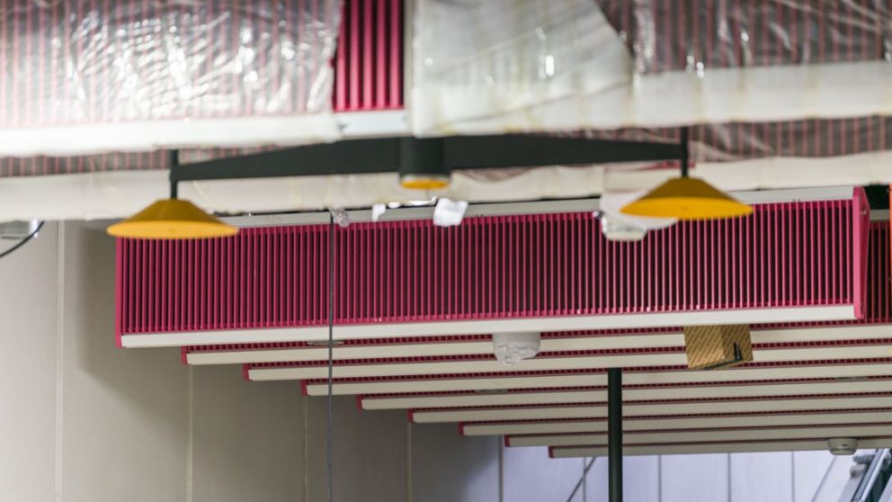Close up of maroon acoustic baffles