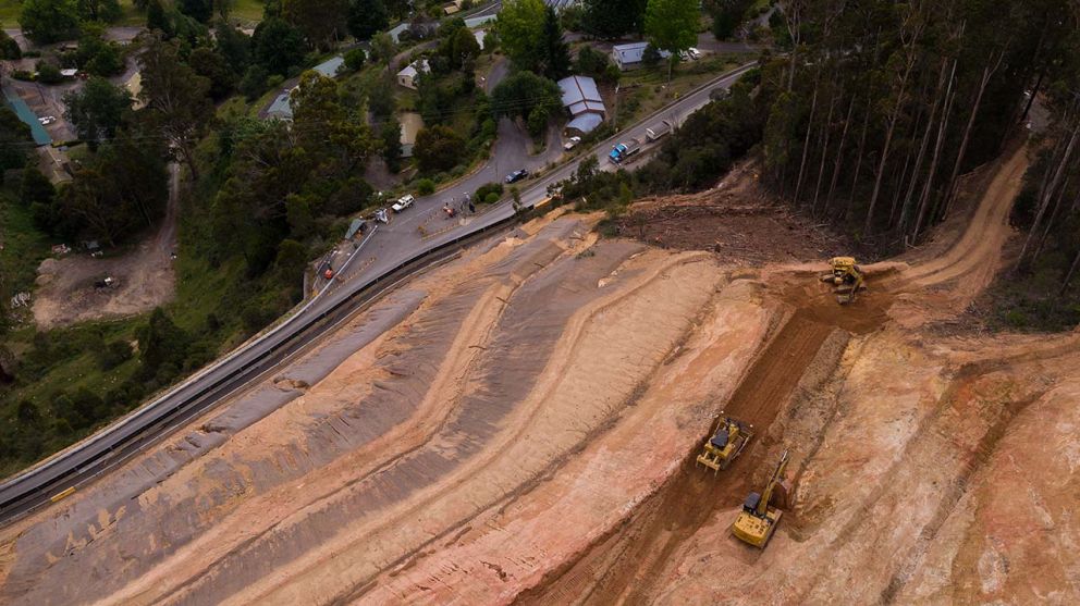 Aerial view looking down the landslip towards Bogong High Plains Road