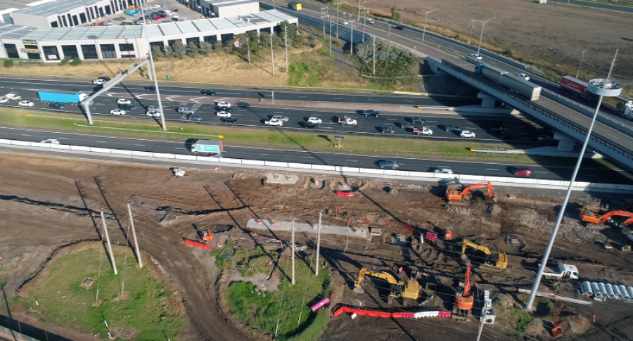 Bird's eye view of the Princes Freeway inbound ramps to Geelong Road and the West Gate Freeway.