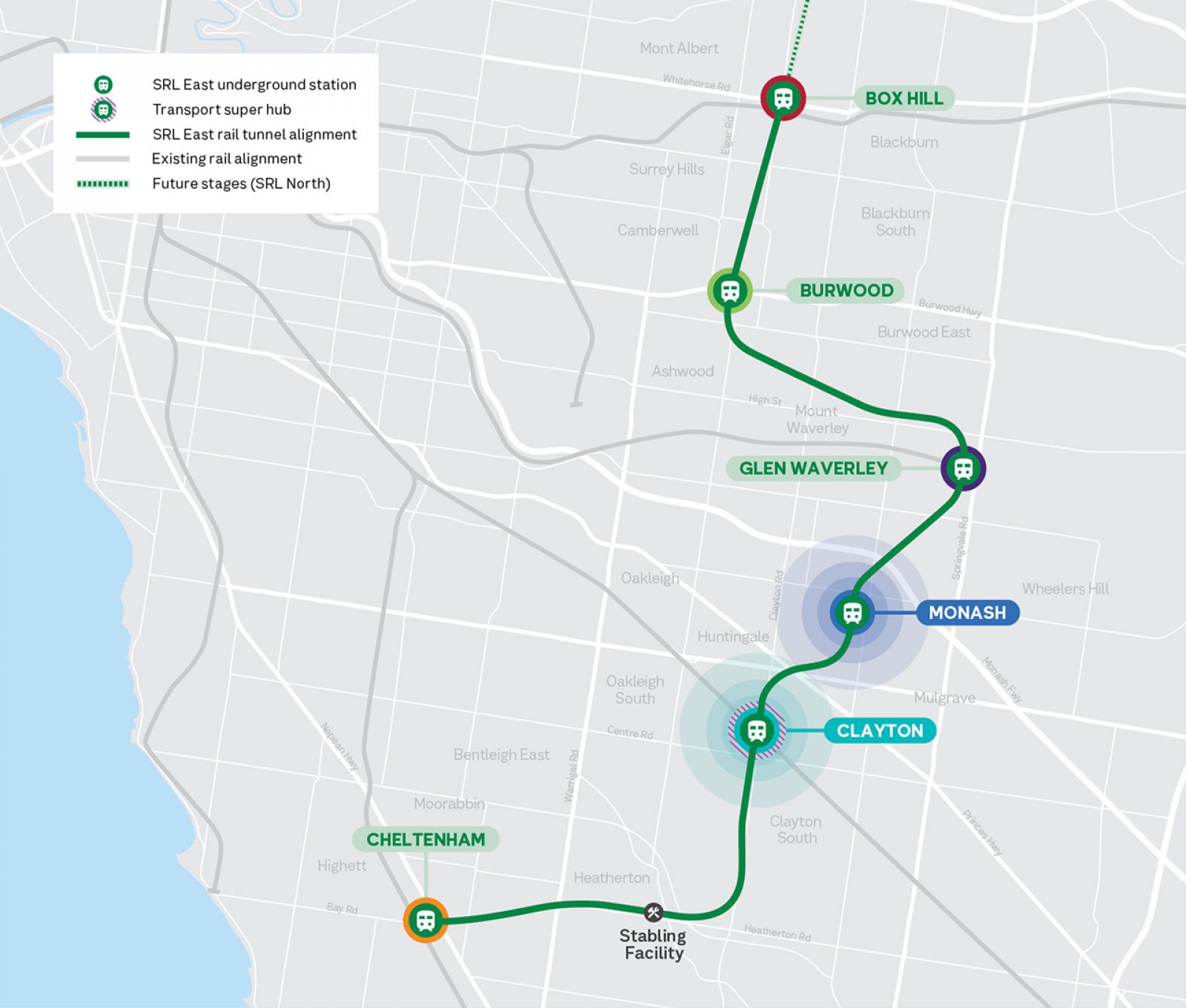 SRL East rail alignment highlighting both Clayton and Monash..