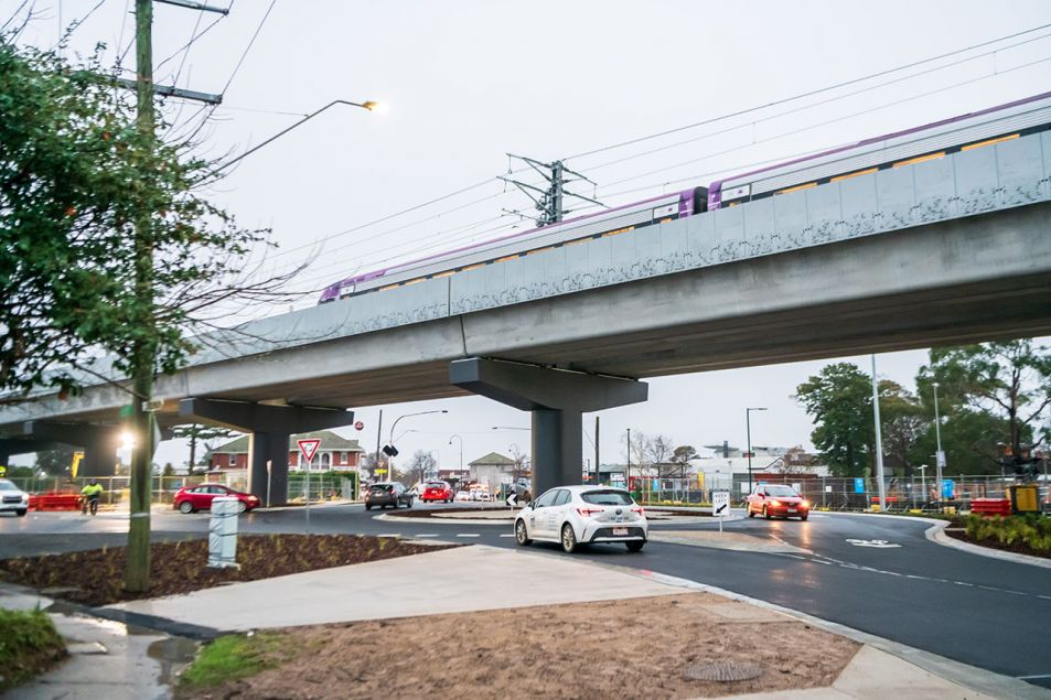V/Line trains travels over the new Main Street roundabout