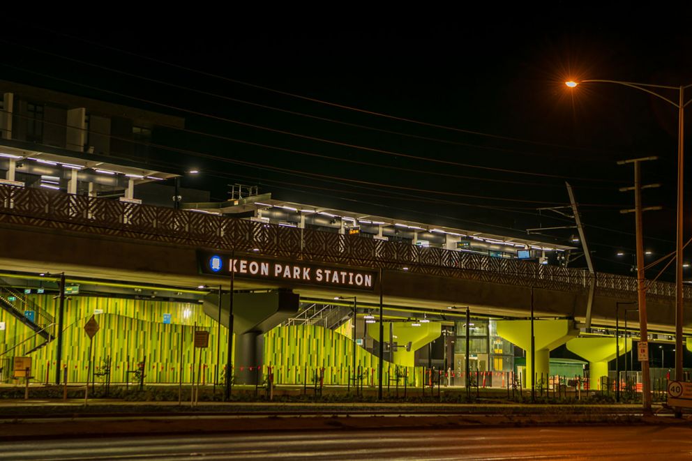Keon Park Station entrance at dawn