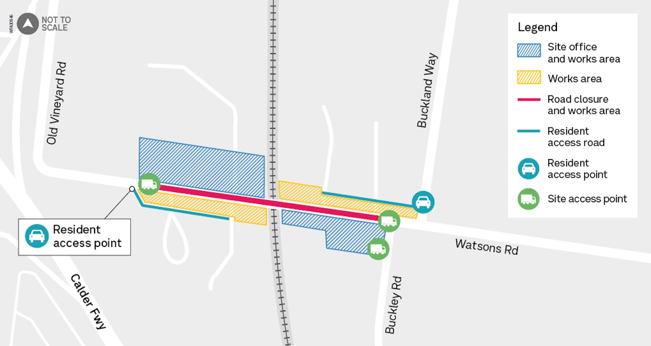 Map showing location of site establishment works on Watsons Road between Old Vineyard Road and Buckland Way