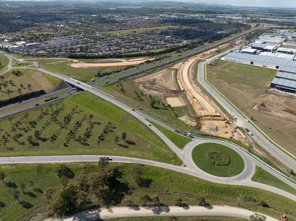 April 2023- Aerial view of the new freeway ramps being built at McGregor Road