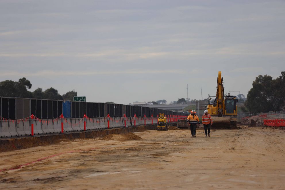 May 2023- Works taking place behind barriers to build the extra inbound lane on the Princes Freeway