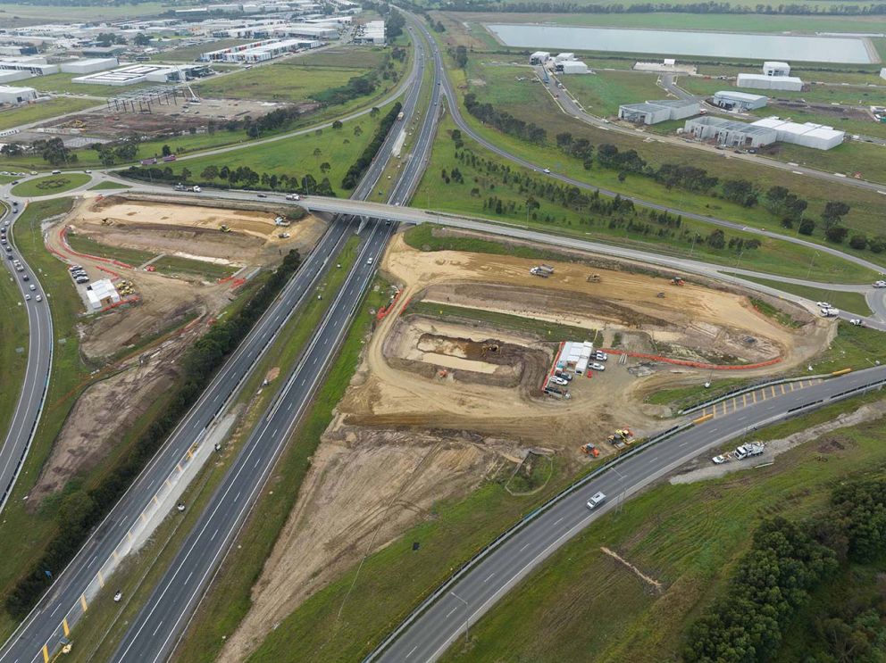 May 2023- Aerial view of the foundations for the new Healesville-Koo Wee Rup Road bridge over the Princes Freeway