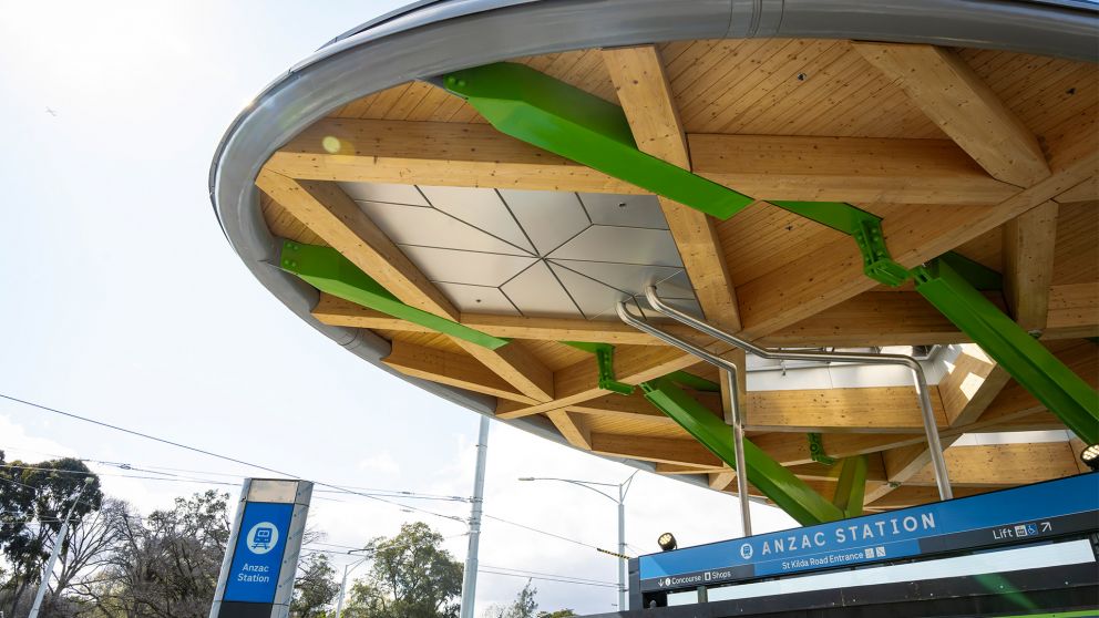 A closer look at the details of the wood and glass canopy above Anzac Station.