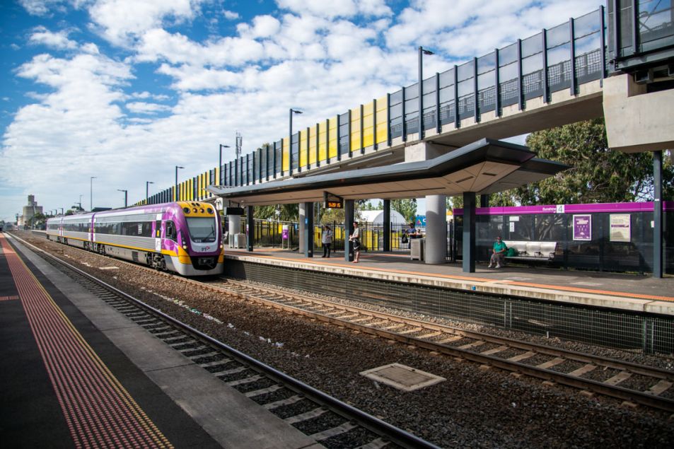 VLine train approaching the Sunshine Station platform