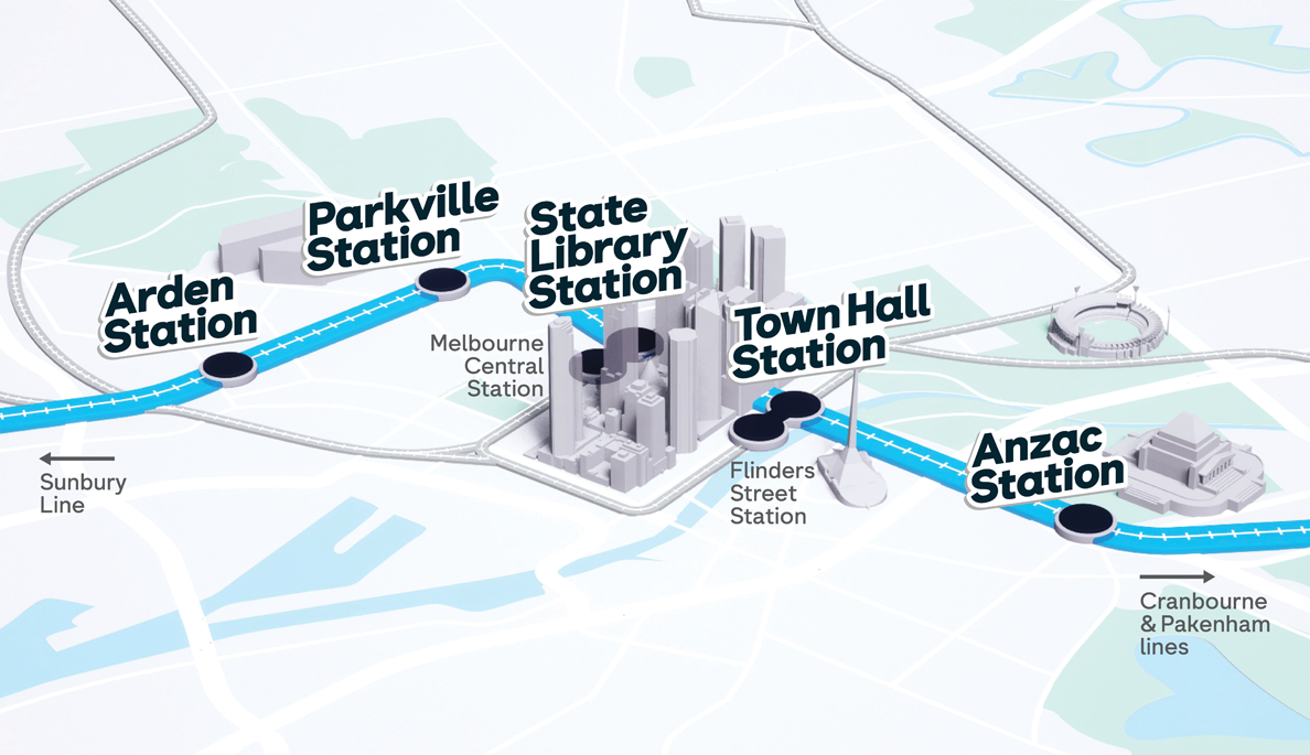 A map showing the planned stations and route of of the Metro Tunnel