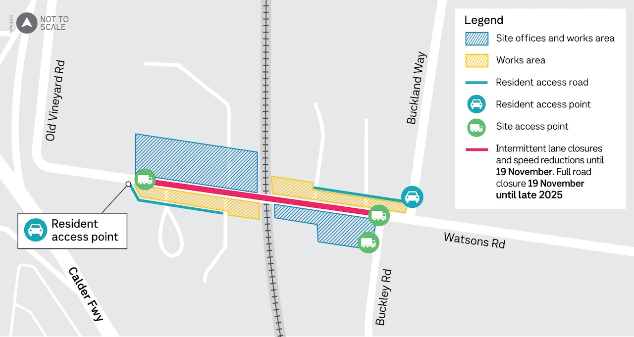 Map showing works area and site office locations near the Watsons Road level crossing. Located between Buckalnd Way and Vinyard Road/.