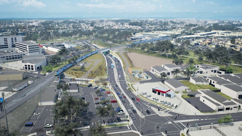 Looking east towards the new road underpass with Webster Street closed at the level crossing. Artist impression, subject to change.