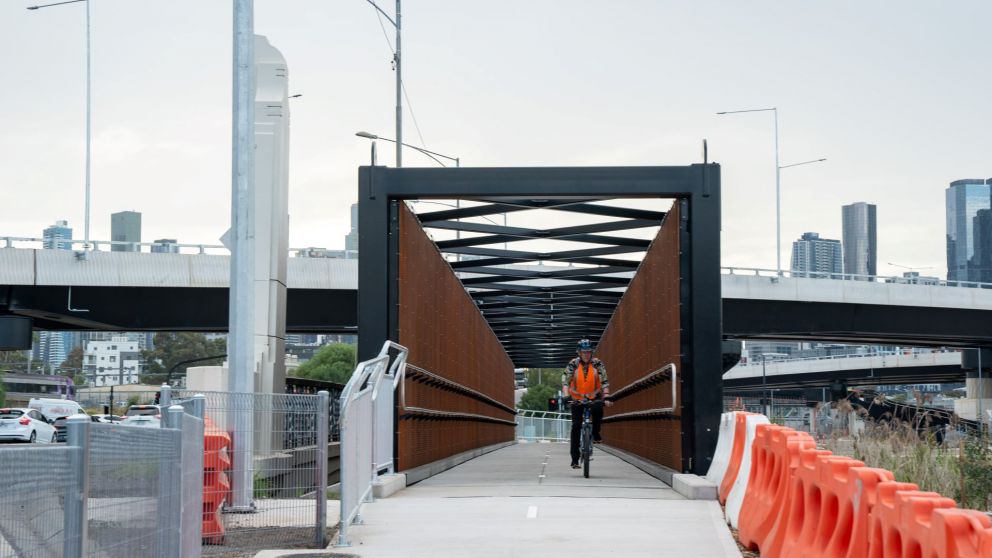 The new walking and cycling bridge across Moonee Ponds Creek, along Dynon Road.